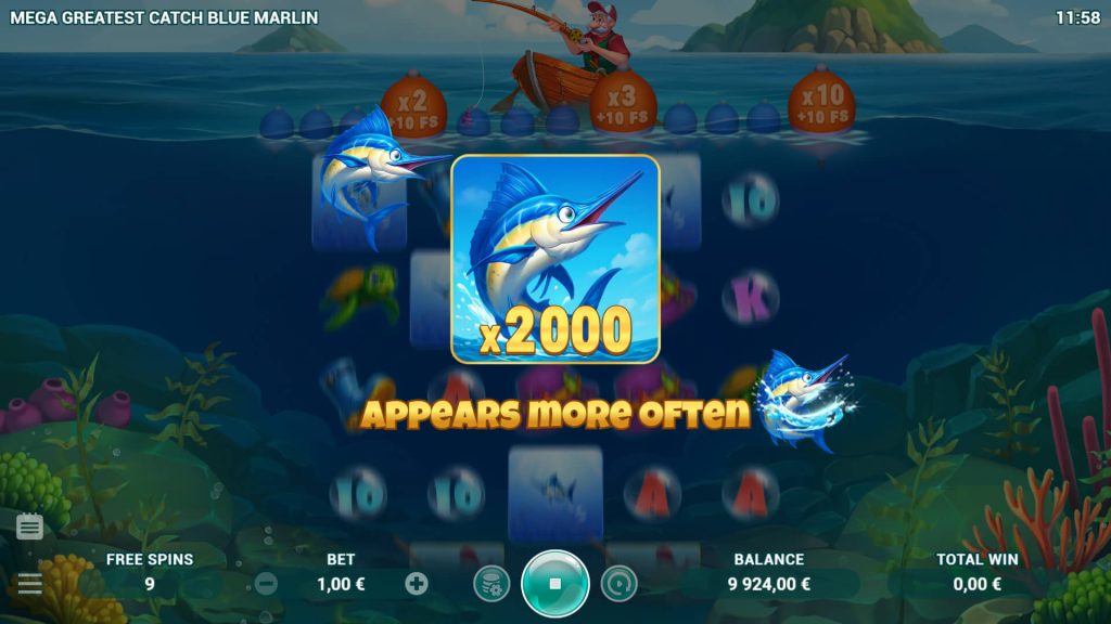 Capture d'écran du jeu de machine à sous en ligne "Mega Greatest Catch Blue Marlin". L'action se déroule sous l'eau dans un décor océanique coloré avec des récifs coralliens.